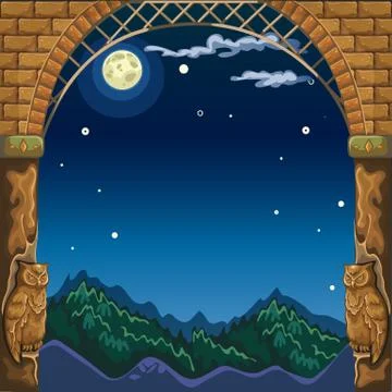 View through the arch of the stone castle at night landscape by the light of the Stock Illustration