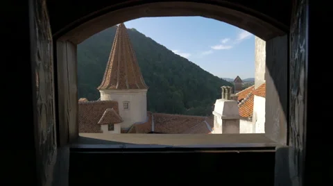 View through an archway at Bran Castle Stock Footage 58120702