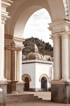 View through archway onto a small chapel on the courtyard of the Basilica of Stock Photos