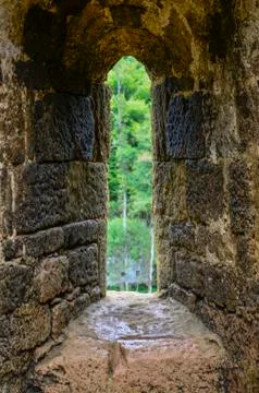 View through arrow slit in castle Stock Photos