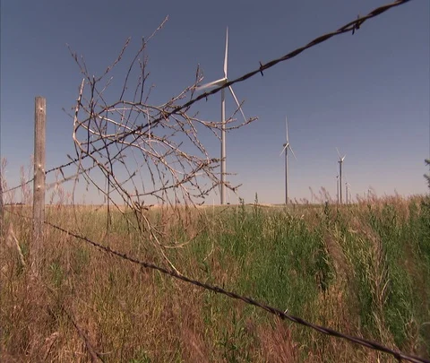 View through barbed wire of wind turbines in flat field Stock Footage 86690847