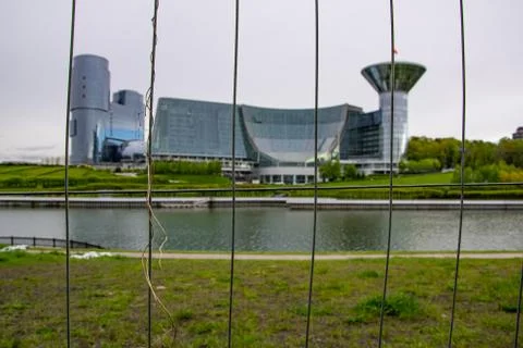 View through the bars to the river and the government of the Moscow region Stock Photos