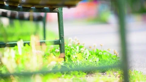 View through a bench, people walking outside in the park (with slider) Stock Footage 109640462