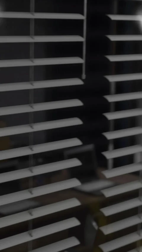 View through blinds showing light and shapes in a room during daytime Stock Footage 336581363