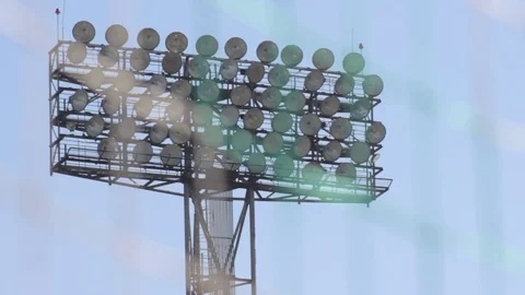 View through blurred goal net to stadium lights Stock Footage 73590970