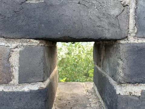 View Through a Brick Wall Window to Green Foliage Stock Photos