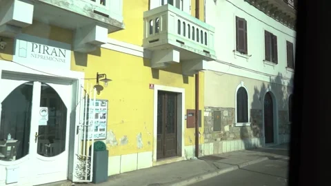 View through the bus window to the old town of Piran, Slovenia Stock Footage 158222014