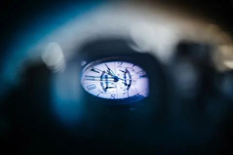 View through camera viewfinder of a luxury Zenith watch during photo shooting Stock Photos