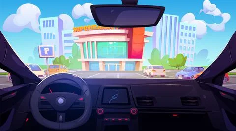 View through car windshield on supermarket parking Stock Illustration