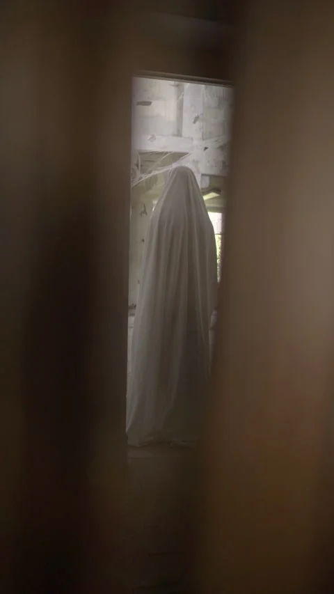 View through crack halloween ghost in white sheet in old abandoned building Stock Footage 311929387
