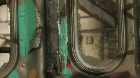 View through a derelict tram with graffiti Stock Footage 297868