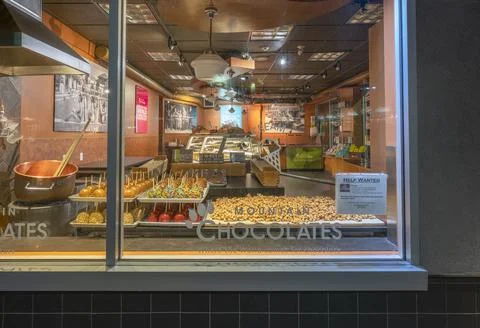 View through the display window at Mountain Chocolates Stock Photos