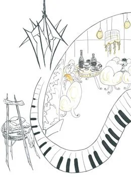 View through the door to a cozy cafe with vintage chandelier and chair Stock Illustration