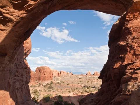 View through double arch in arches national park. Stock Photos
