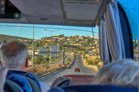 View through the front window of the bus Stock Photos