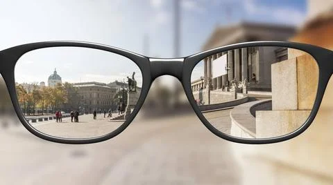 View through glasses sharp with glasses unsharp without glasses View throu... Stock Photos