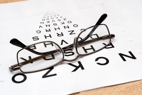 View through glasses vision test table, eye chart Stock Photos