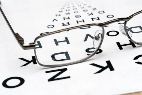 View through glasses vision test table, eye chart Stock Photos