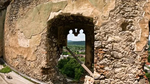 View Through Gothic Window at Beckov Castle Ruins Vídeos de archivo 342112693