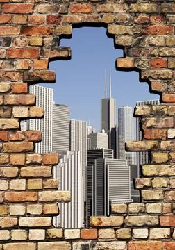 View through a hole in the wall onto the skyline of a big city, portrait format Stock Illustration