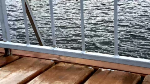 View through the iron railing at sea wave. Stunning landscape on ocean.  Move  Stock-Footage 116806927