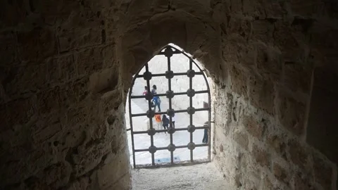 A View Through a Latticed Antique Window at the Pedestrians Below Stock Footage 243077214
