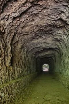 View through a long tunnel on the trail through the rain forest canyon of Los Stock Photos