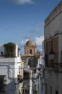 View through the narrow streets of Tarifa, Spain Stock Photos