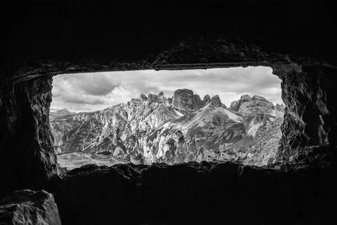 View through an old embrasure in an alpine fortress of the World War I, marki Stock Photos