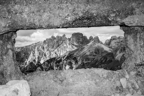 View through an old embrasure in an alpine fortress of the World War I, marki Stock Photos
