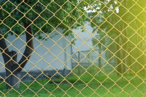 View through the old rusty yellow iron bars mesh netting on the fence. Green  스톡 사진
