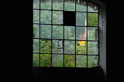 View Through an Old Window with Greenery and Flag Stock Photos