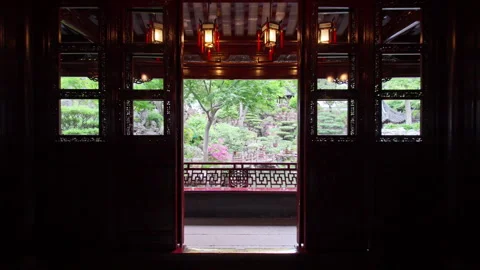 View Through Ornate Chinese Pavilion to Lush Garden Landscape Stock-Footage 336782777