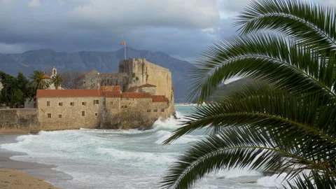 View through the palm tree close up, sea waves on the beach, old town Stock Footage 85560443