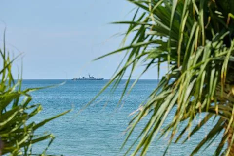 View through palm trees on a warship of the Thai Armed Forces stands in sea at Stock Photos