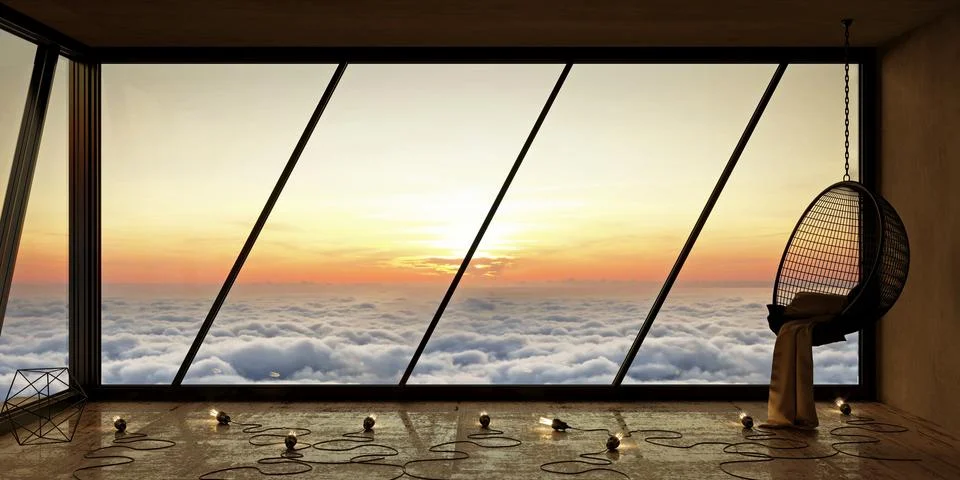 View through panoramic window sunset and clouds Stock Illustration