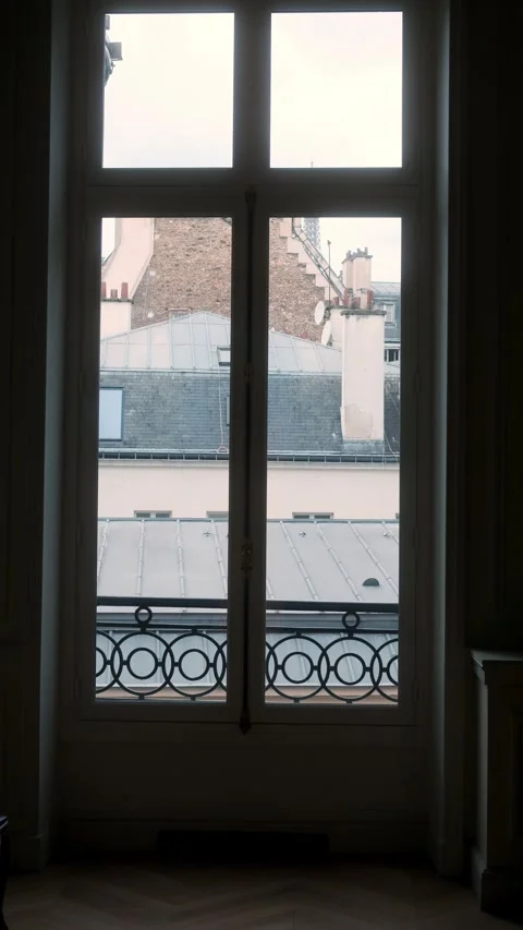 View through a Parisian window overlooking rooftops and chimneys in a dense Stock Footage 336032719