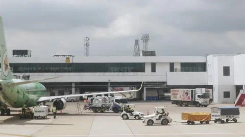 View through plane window while airplane push back from DMK Don Mueang airp.. Stock Footage 283629922