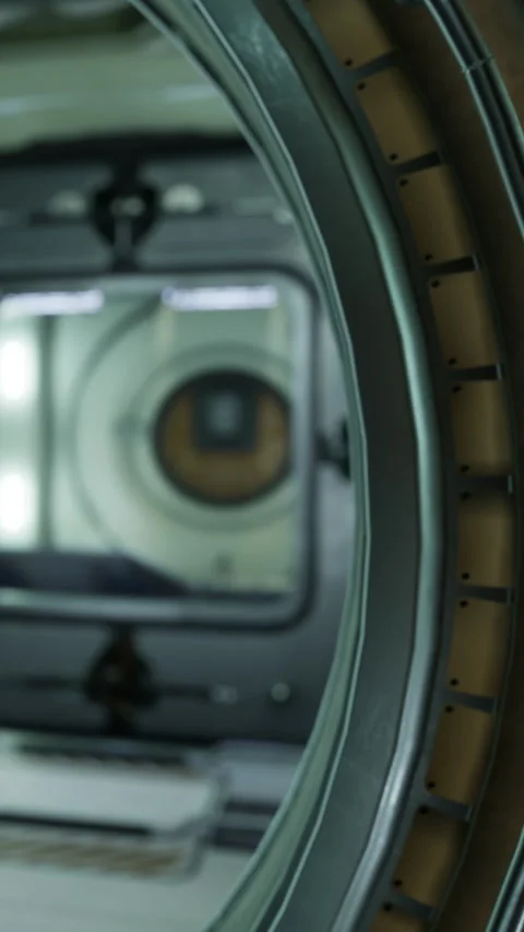 View through a round window showing an interior space in a spacecraft module 库存影片 335968117