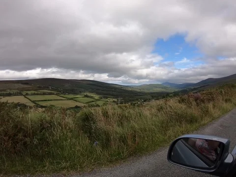 View through side window of car auto in motion on road along the forest Stock Footage 151646350