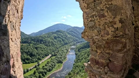 View Through Starhrad Castle Ruins Over Vah River Valley Stock Footage 342112769