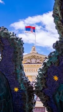 View Through Stefan Nemanja Monument Toward Historic Railway Station, 写真素材