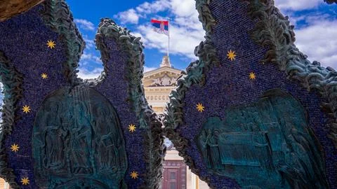 View Through Stefan Nemanja Monument Toward Historic Railway Station, 写真素材