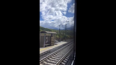 View through the train window of an autumn forest, railway track Stock Footage 304670285
