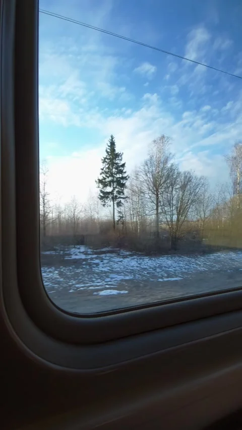 View through train window showing passing landscape ground covered with patches Vídeos de archivo 341658164