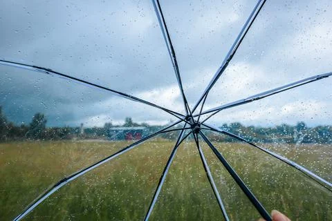 A view through a transparent umbrella covered. Stock Photos