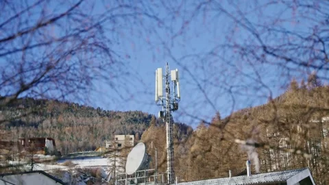View through trees and branches on mobile communication station or tower Stock Footage 319066592