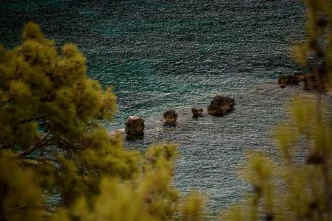 View through trees to large stones on beautiful sea surface Foto stock