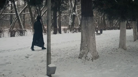 View through the trees: A man in a black cloak and hat walks in the park. 60fps Stockbeeldmateriaal 102172453