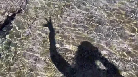 A view through the water of a woman's dancing shadow on the seabed 스톡 동영상 317871302